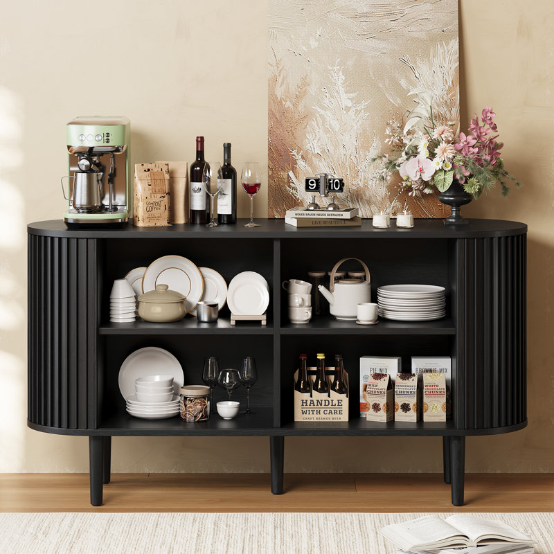 55.1" Mid-Century Sideboard With 3D Tambour Doors For Dining Room, Living Room, Black