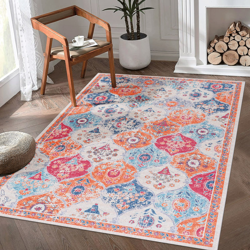 Low-Pile 9X12 Area Rug, Cream, Washable, Non-Slip, - , For Living Room, Bedroom, Kitchen, Dining & Pets Washable Rug 9X12, Low-Pile, Static Cloth, Pet Loving