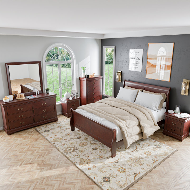 Ensemble de chambre à coucher Extula, Cerisier, Grand, Six articles : lit, deux tables de chevet, deux c