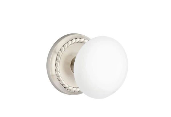Ensemble de mortaise intérieure Emtek Passage avec rosette en corde et bouton en porcelaine blanc glacé (droite)