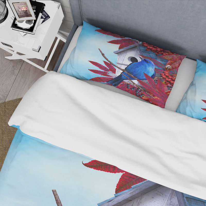 Petit oiseau bleu assis sur une branche de feuilles rouges - Ensemble de housse de couette Country - Microfibre de polyester
