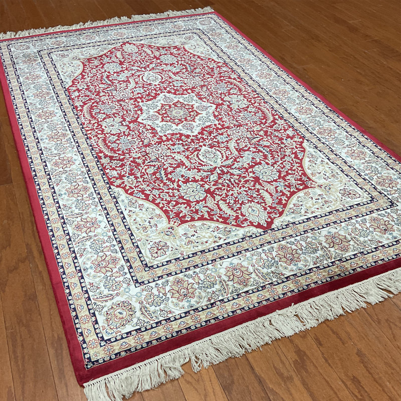 Tapis décoratif en soie de style persan rouge de conception unique 4 pi x 6 pi noué à la main