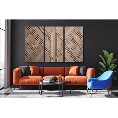 Reproduction d'art géométrique sur bois, art mural 3D sculpté faux, triptyque abstrait Art déco, décor de ferme moderne, ensemble de panneaux architecturaux, reproduction de peinture
