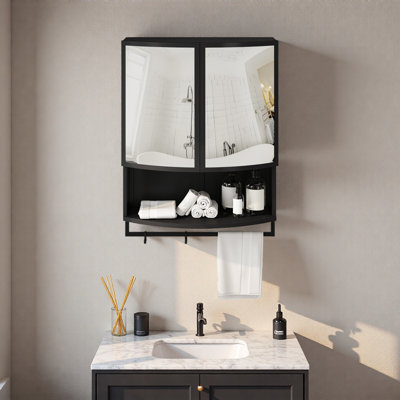 23.62"Modern Arched Glass Double-Door Wardrobe With Shatterproof Non-Glass Mirror-Double-Layer Storage,Open Shelf & Towel Rack For Entryway, Living Room,Bathroom, Dining Room