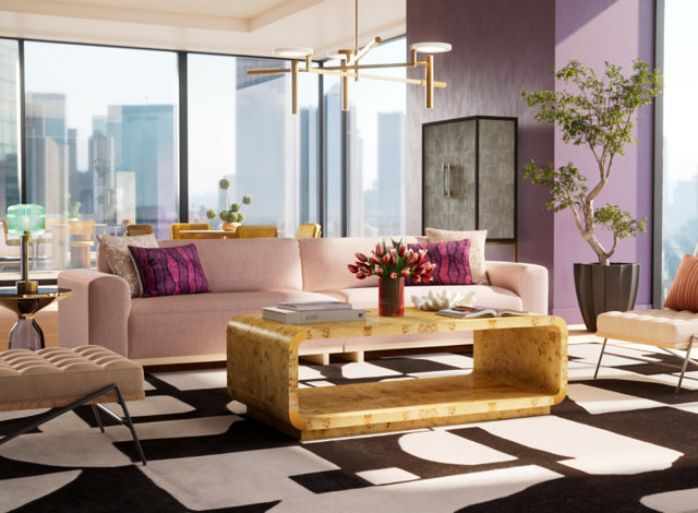 Modern luxury living room featuring a pale pink sofa, a burled wood coffee table, and a black and white geometric area rug in a high-rise apartment.