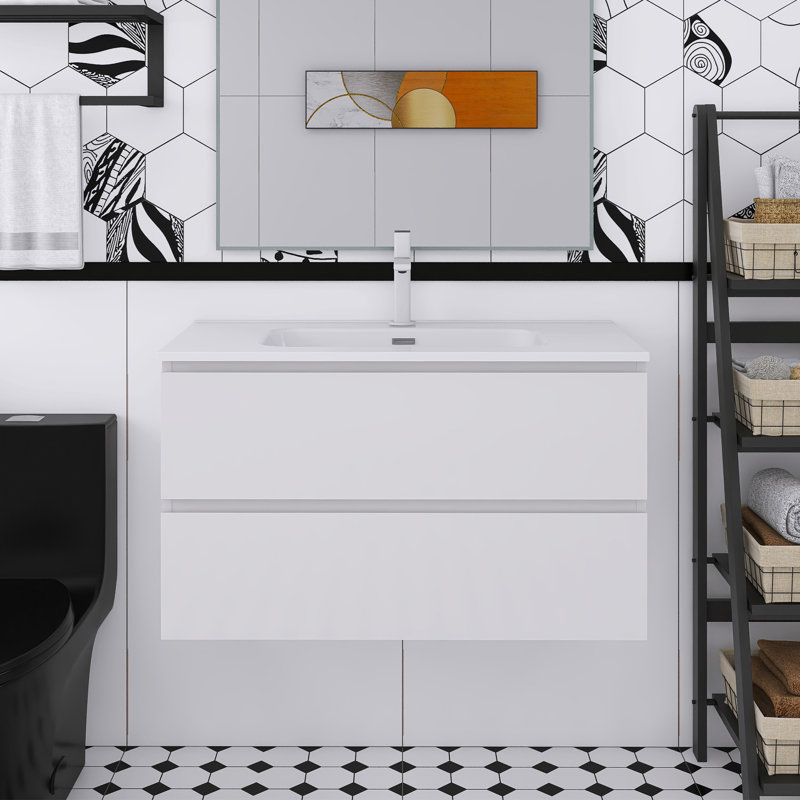 Meuble-lavabo mural 36 po avec lavabo en céramique à un trou, Blanc lustré