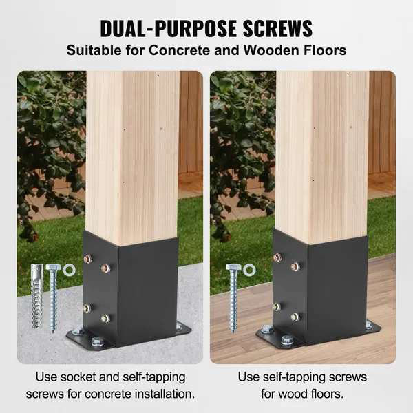 Base de poteau 4 pièces 4 pi 4 pi VEVOR, supports de base de poteau de 3,6 po x 3,6 po de taille intérieure, supports de poteau en bois noir mat thermolaqué pour ancrage de pavillon