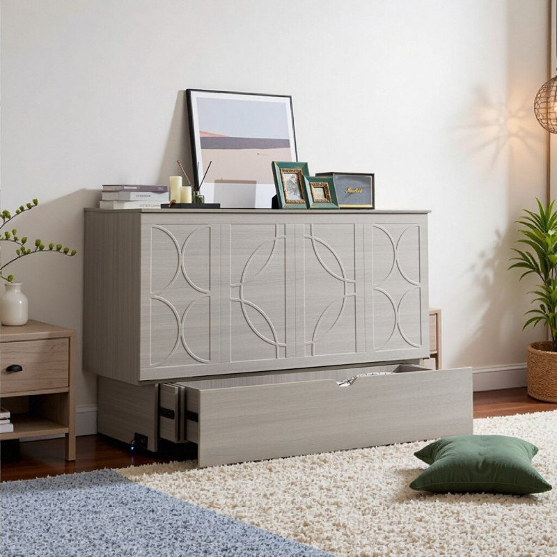Grand lit escamotable avec ports USB, tiroirs de rangement et matelas - conception moderne blanche compacte, Gris