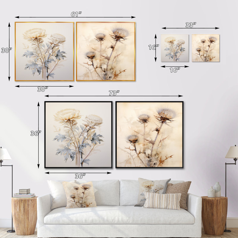 «Beige chardon», ensemble de 2 collages carrés de chardon, Cadre flottant brun, H 36 po x l 73 po