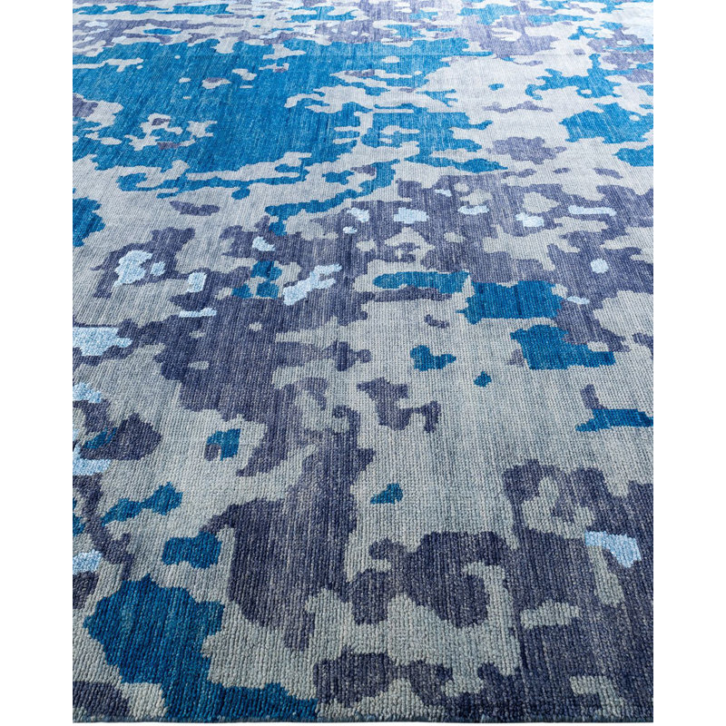 Modern Blue and Gray Hand-Knotted Wool Silk Area Rug