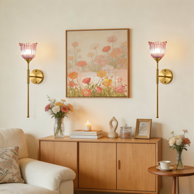 Ensemble de 2 appliques murales à piles, abat-jour en verre tulipe rose avec métal doré, applique murale à intensité variable rechargeable avec télécommande, pour le salon de la chambre à coucher