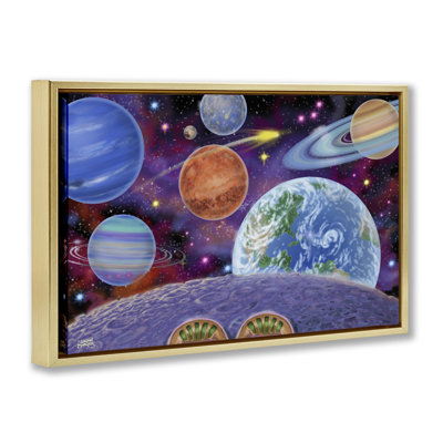 Moonwalker avec vue sur les planètes, art mural sur toile flottante, design par Joseph Burgess