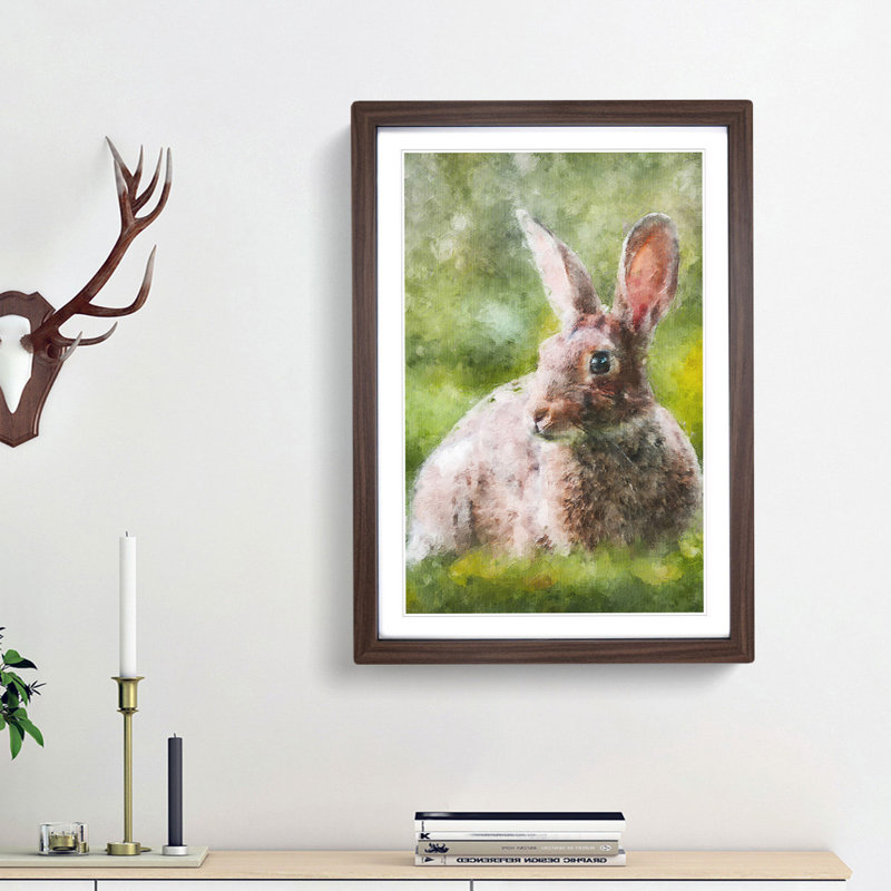 Rabbit In A Green Field - Single Picture Frame Print on MDF, 33cm H x 24cm W x 2cm D, Walnut Framed