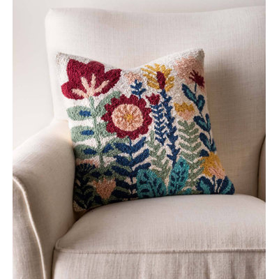 Wildflower Hand-Hooked Wool Decorative Throw Pillow, 16" Sq.