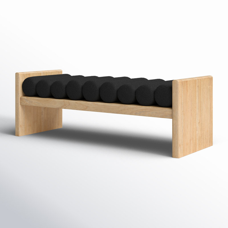 Banc en bois Boucle, Tissu noir bouclé / finition naturelle, H 18 po x l 52 po x P 19 po