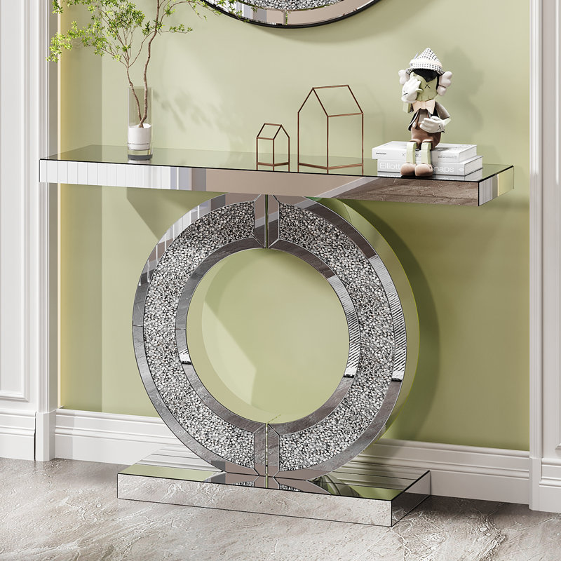 O Shaped Mirror Console Table with Crystal Hallway Entry Home Décor