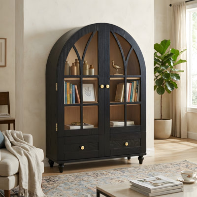 Vitrine arquée avec portes en verre trempé, armoire de rangement décorative noire avec 2 tiroirs et pieds en bois massif pour le salon, la salle à manger et le bureau