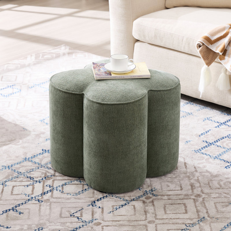 Leiani 18.5" Wide Boulce/Velvet/Linen Upholstered Ottoman, Green Linen