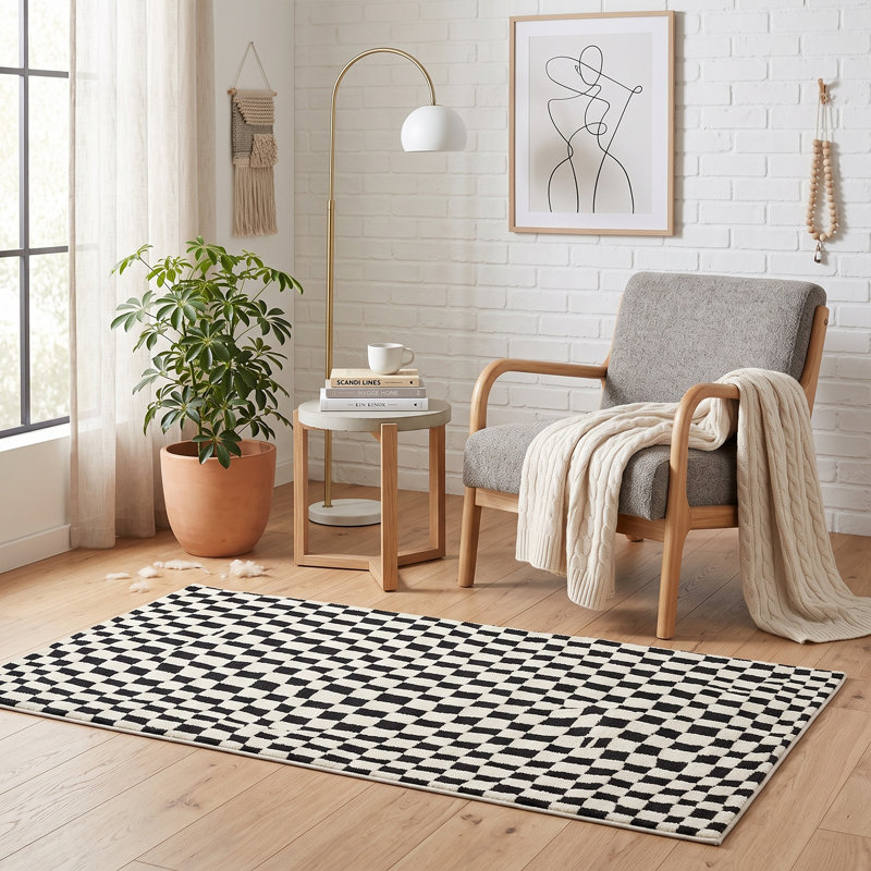 Tapis moderne à carreaux géométrique ondulé noir et crème (2,6 pi x 4,9 pi)