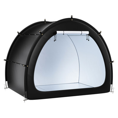 Outdoor Bike Storage Tent Fan - Shaped Waterproof For 4 To 5 Bikes With Dual Coating, Silver Coated 210D Fabric, Arched Top Design, Reinforced Fiberglass Frame, Multi Point Triangular Stabilization