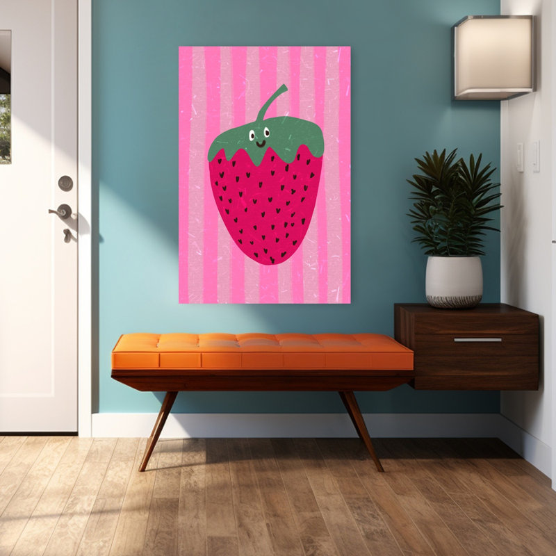 «Hello Strawberry Playful Vibrant Contemporary», art mural, H 48 po x l 32 po