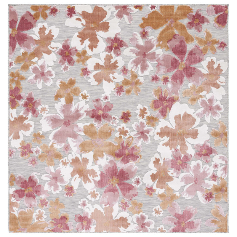 Tapis d'intérieur / extérieur à motif floral Goines, Carré 6 pi 5 po