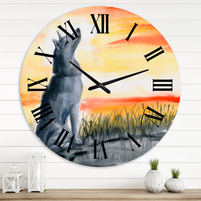 Loup gris hurlant à la lune - Horloge murale traditionnelle