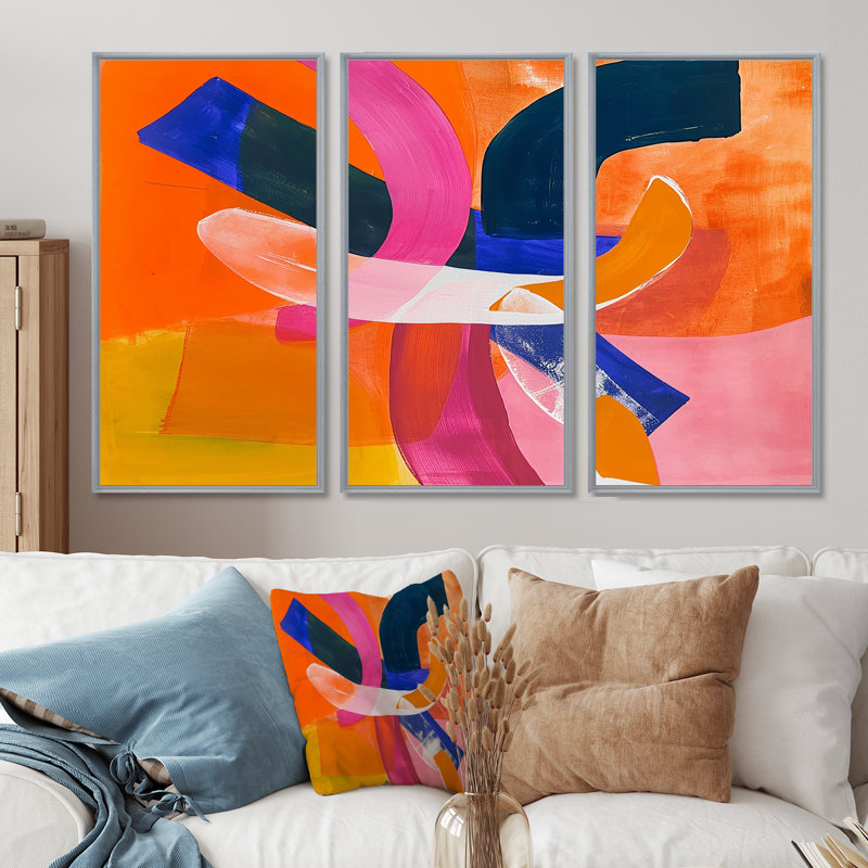 Funky fusion rétro orange bleu - ensemble d'art mural abstrait, Encadrement argenté, H 32 po x l 48 po x P 1 po