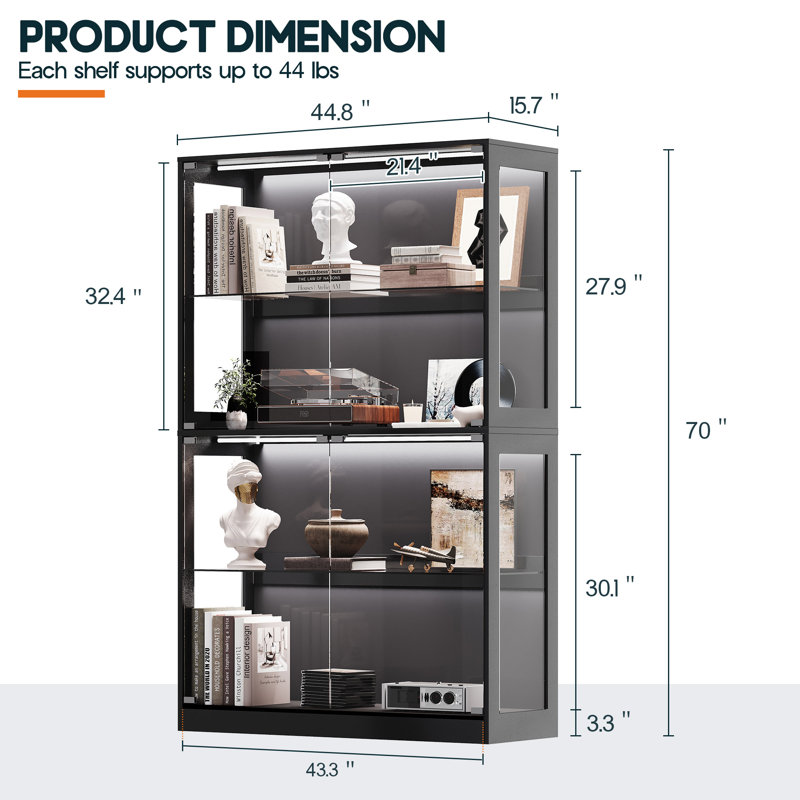 Vitrine RVB avec tablettes réglables en verre, étui de rangement à 4 niveaux avec lumières à DEL et portes à pression, tablette moderne pour objets de collection, noir 