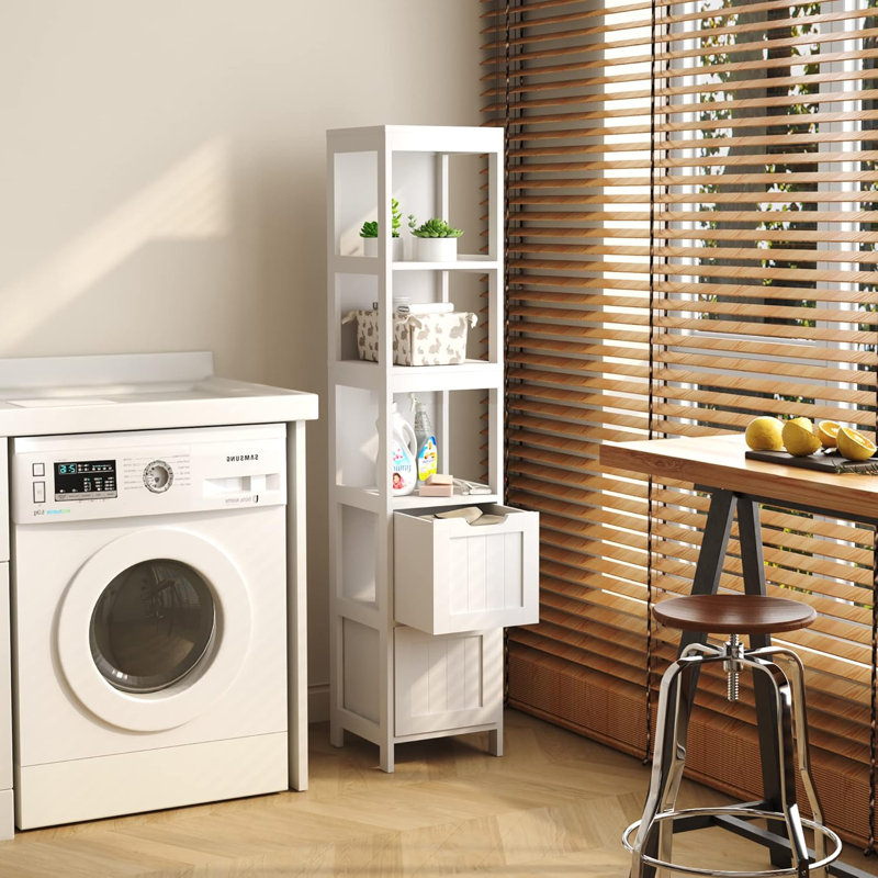 Armoire de rangement de salle de bain autoportante 57 po avec 2 tiroirs et 3 tablettes ouvertes Bridgeview , Blanc