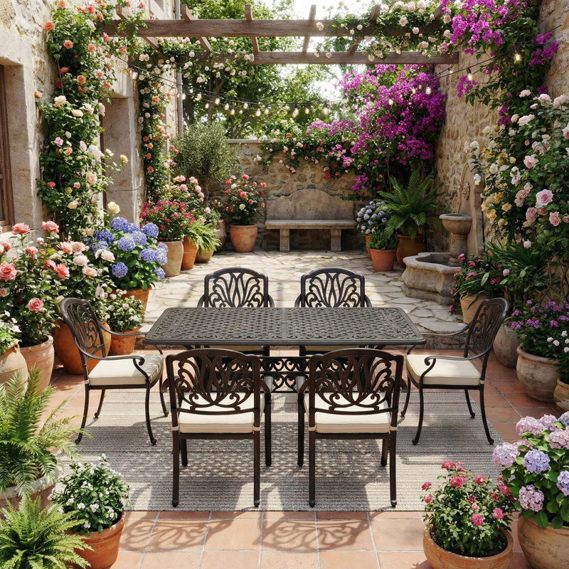 59'' Rectangular Cast Aluminum Outdoor Dining Table with Woven Cut-Out Design and 2'' Umbrella Hole