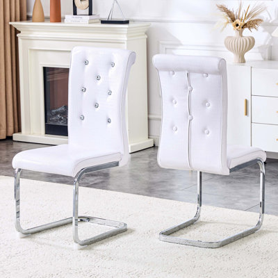 Ensemble de 2 chaises de salle à manger rembourrées en peau d'alligator rétro avec boucles en cristal et similicuir, pieds en métal galvanisé