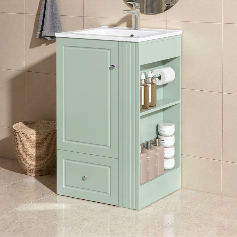 Meuble-lavabo autoportant avec lavabo en céramique, armoire de rangement, tiroir, tablettes latérales ouvertes et barre à serviettes