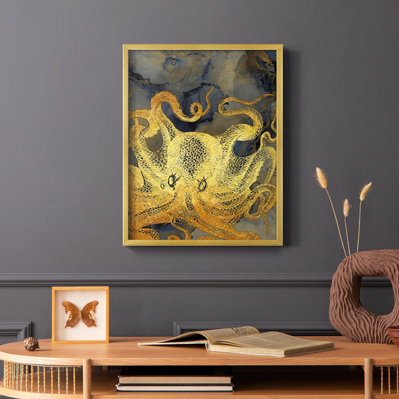 Encre de pieuvre dorée et bleue II, reproduction encadrée - bois massif, H 14 po x l 11 po