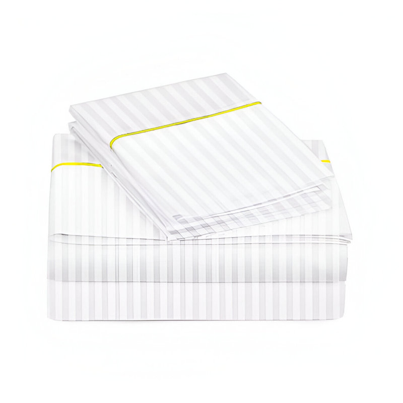 400TC Single Embroidery Sateen Stripe Cotton 4 Piece Sheet Set Fitted Sheet Fits Upto 16" Deep Pocket, Yellow Border