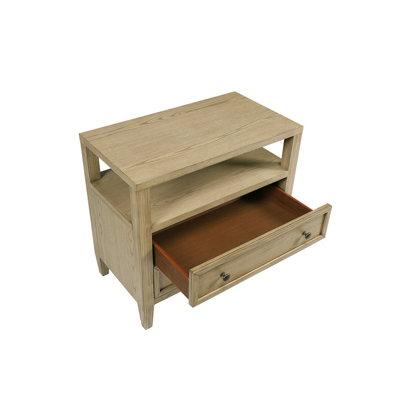 Table de chevet de chambre à coucher avec tablette ouverte et 2 tiroirs, beige foncé, bois massif, tablette à tiroirs de style robuste, fabrication beige