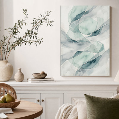 Abstract Teal and Grey Watercolor Leaves Canvas Wall Art