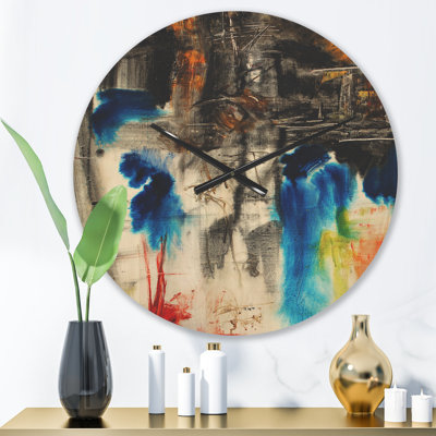 Horloge murale moderne en bois noir, bleu et jaune