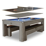 Hathaway Newport Stylish 7 Ft Multi Game Pool Table Combo with Dining Top and Ping Pong – Includes Benches for Home Storage and Accessories