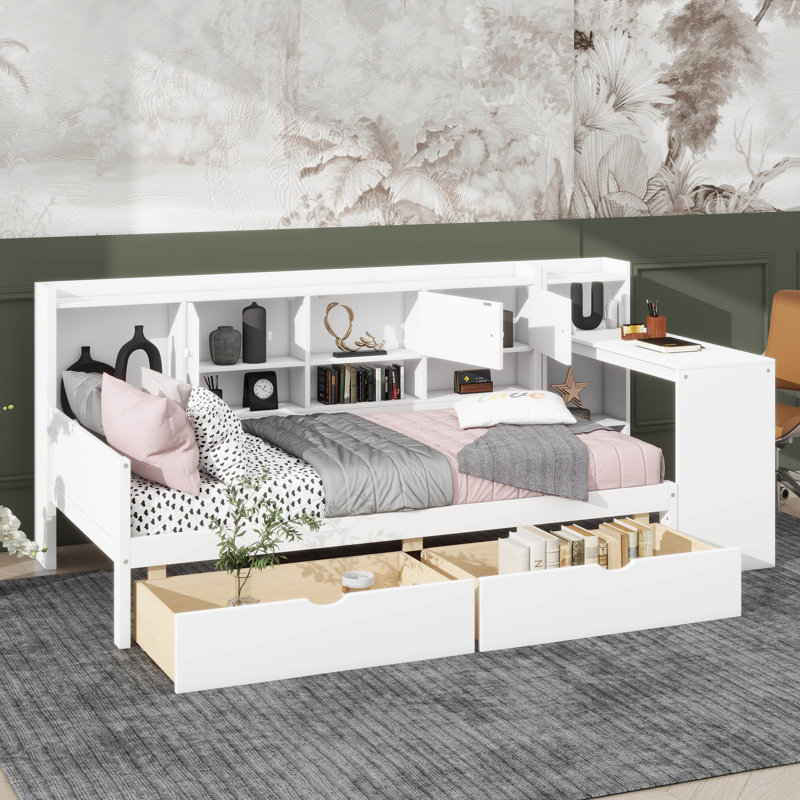 Twin Size Wooden L-Shape Daybed With Seven Storage Cabinets & Two Drawers, Multi-Functional Bed With Built-In Study Desk & Bookshelf