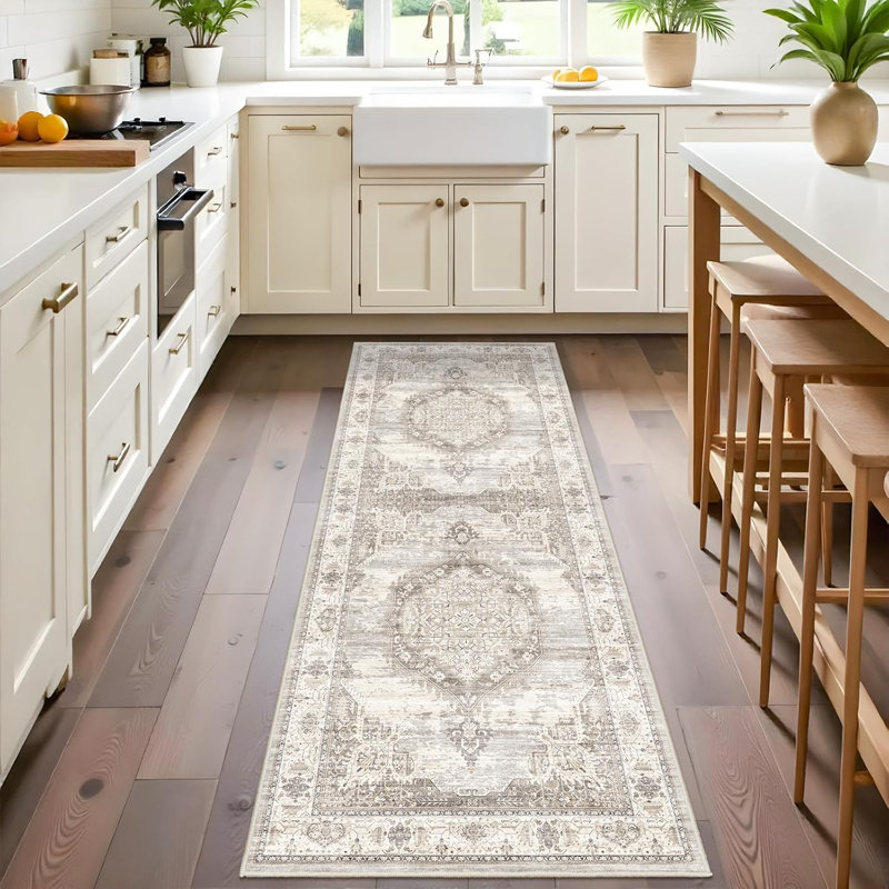 Wide Hallway Runner Rug: Vintage Washable Soft Rugs for Living Room Bedroom Water Resistant Carpet with Non-Slip Backing for Entry Kitchen Dining Room Thin Nursery Bathroom Floor Mat(Beige)
