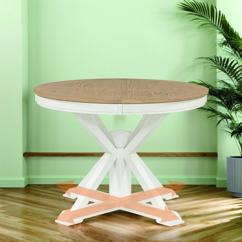 Retro Extendable Dining Table With Butterfly Leaf - Solid Wood Base, Oval/Round Convertible For 6 People, White, Natural Wood
