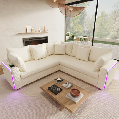 L-Shaped Corduroy Corner Sofa with LED Lighting & USB-C Charging – 198cm