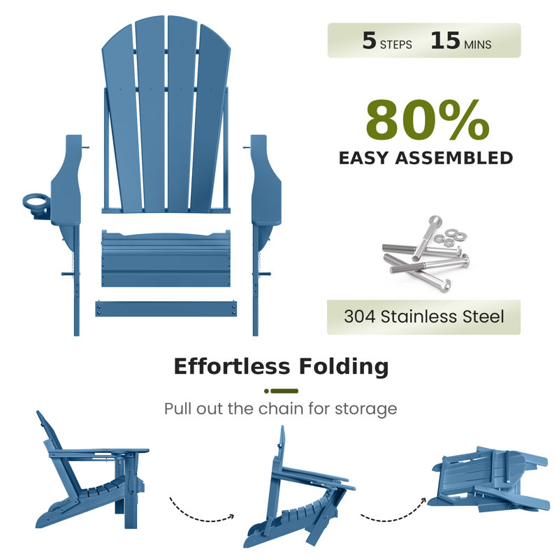 Mallette Adirondack Wood Texture HDPE Foldable Chair Pit Chair with Cup Holder, Navy Blue