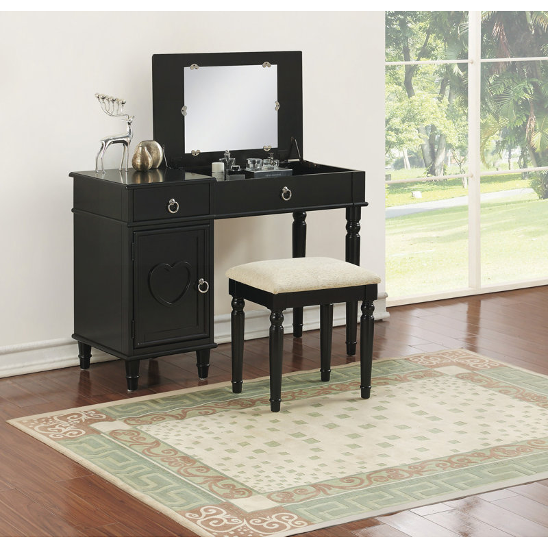 Ensemble coiffeuse avec tabouret, miroir ouvrant, espace de rangement, tiroirs, poignées anneaux en bois d'hévéa, Noir