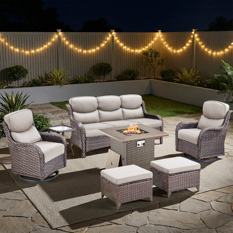 Alvina 5-Piece All Weather Outdoor Wicker Patio Conversation Set With Square Fire Pit Table, Swivel Gliders And Side Table