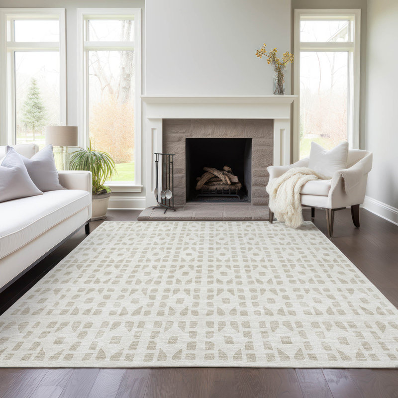 Ivory Geometric Synthetic Flat Woven 5' x 7' Rug