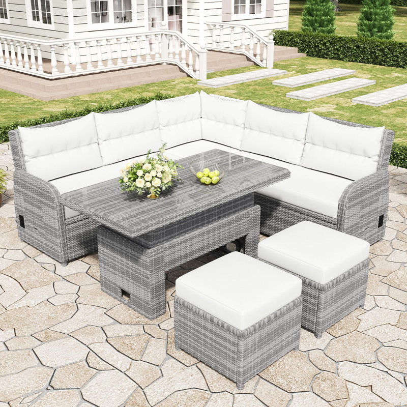 Ensemble de conversation modulaire en rotin 6 pièces avec coussins Radiant, Blanc