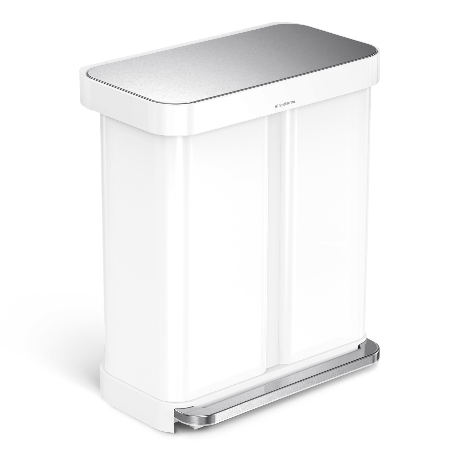 Simplehuman 58L / 15.3 Gallon Hands-Free Dual Compartment Recycling Kitchen Step Trash Can with Lid, White
