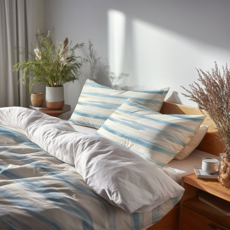 Ensemble de literie moderne 4 pièces - Ensemble d'édredon rayé bleu et beige, Queen Comforter + 3 Additional Pieces